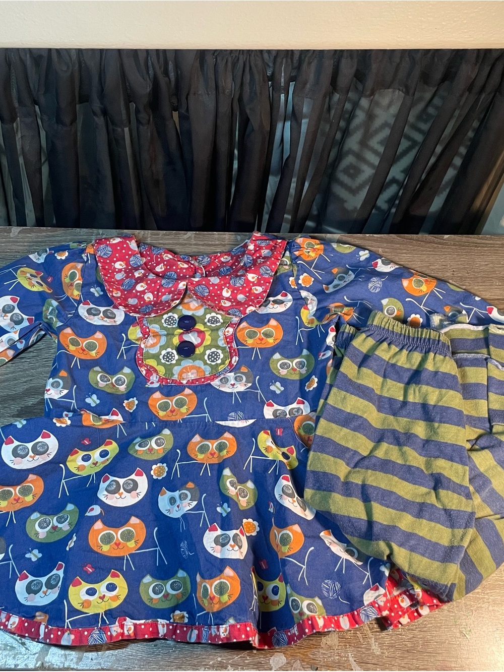 Adorable Kids Navy Cat Print Set with Striped Pants